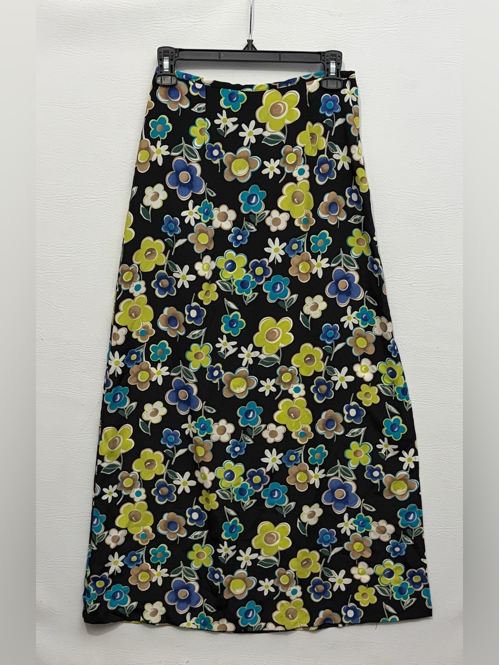 Wrapper Vintage Black Maxi Skirt with Blue, Lime & Tan Floral Print Small